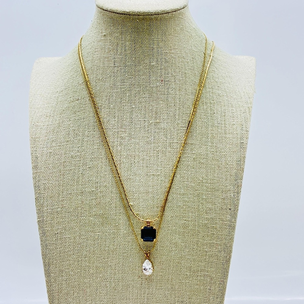 Vintage Gold Tone Necklace Lot of 2 Avon Blue Square and Pear Clear